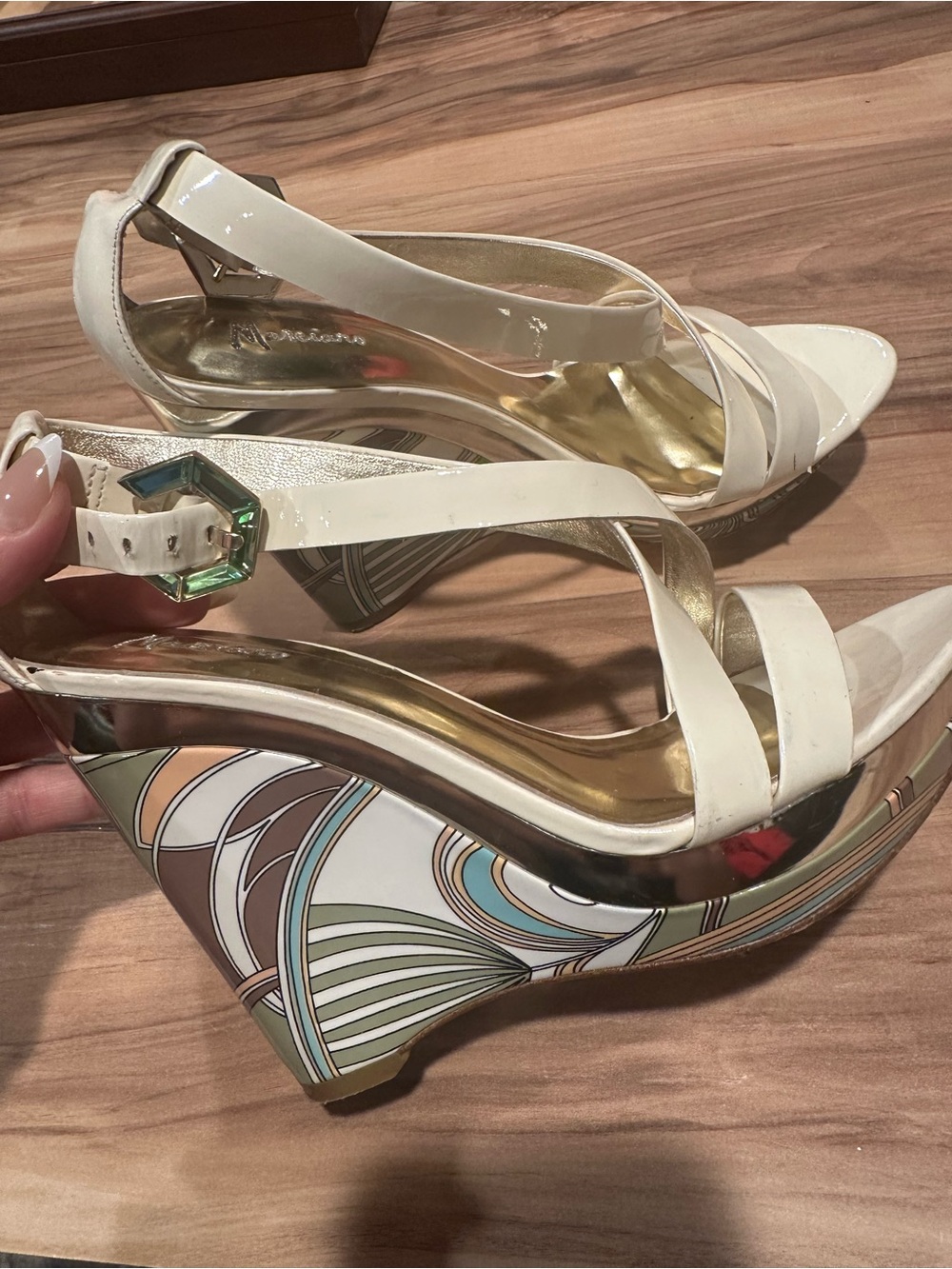 Marciano Cream Patent Wedge Sandals with Patterned Platform